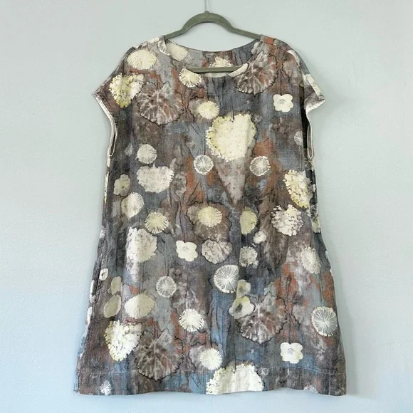 Brynn Walker Ansel Tunic Dress Burdock Blue Floral Linen Blend size S Lagenlook - Picture 2 of 16